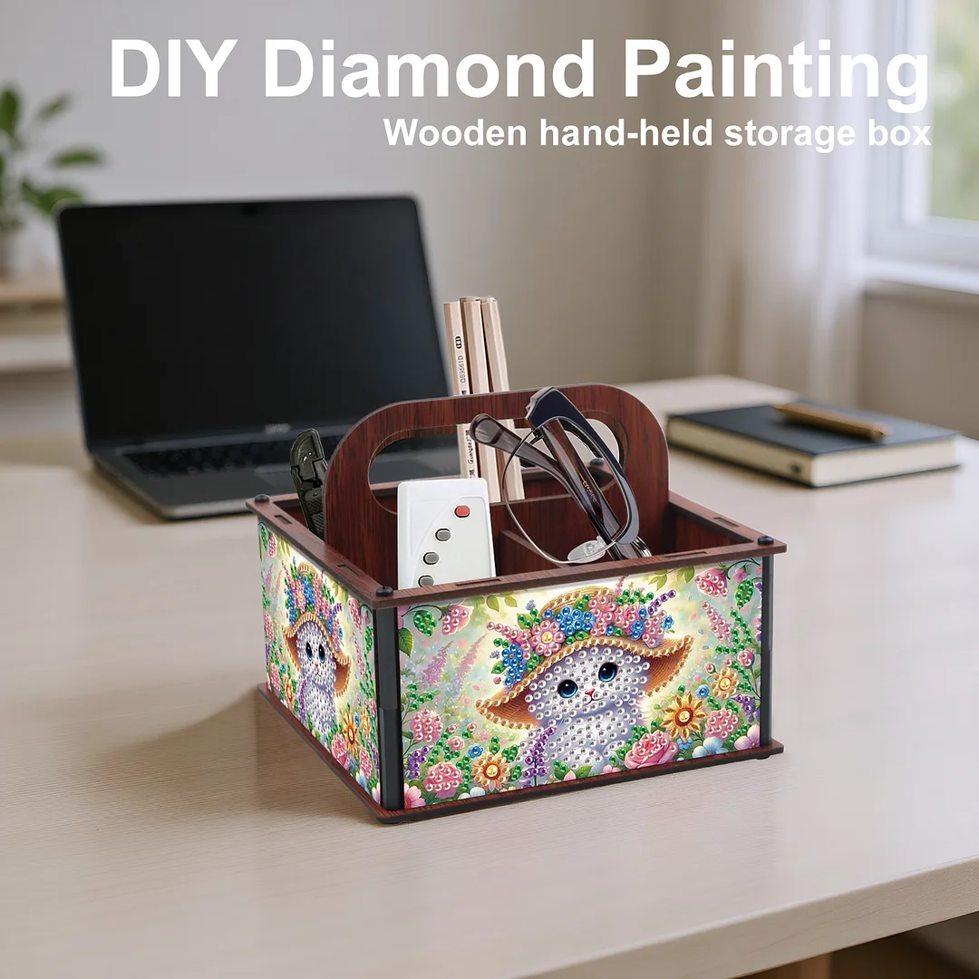 DIY Cat Wooden Diamond Painting Handheld Storage Box Kit Tabletop Art Decor