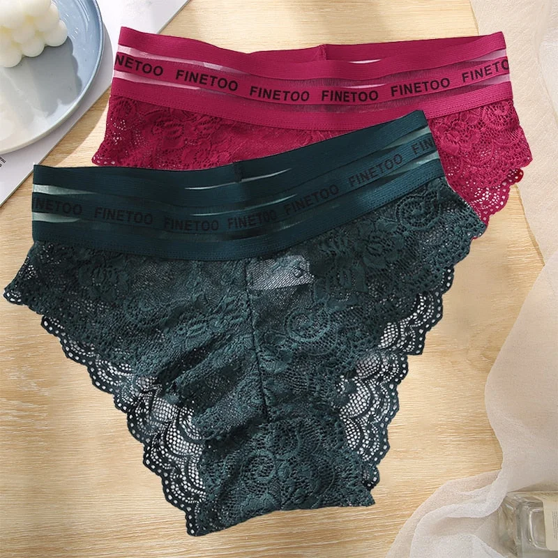 FINETOO 2PCS/Set L-XXL Floral Lace Women Panties High Waist  Sexy Lace Underwear Woman Letter Lingerie Female Seamless Briefs
