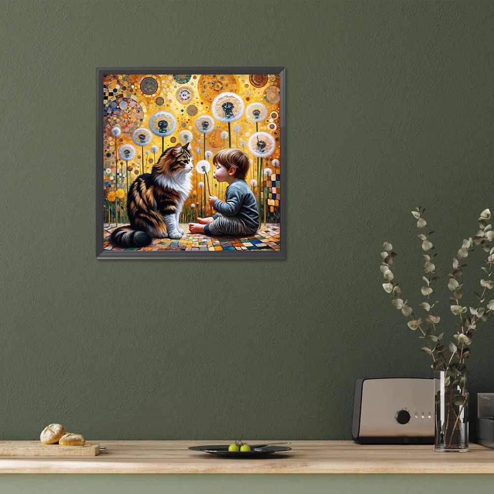 Full Round Diamond Painting 30*30cm - Cat, Dandelions And Children