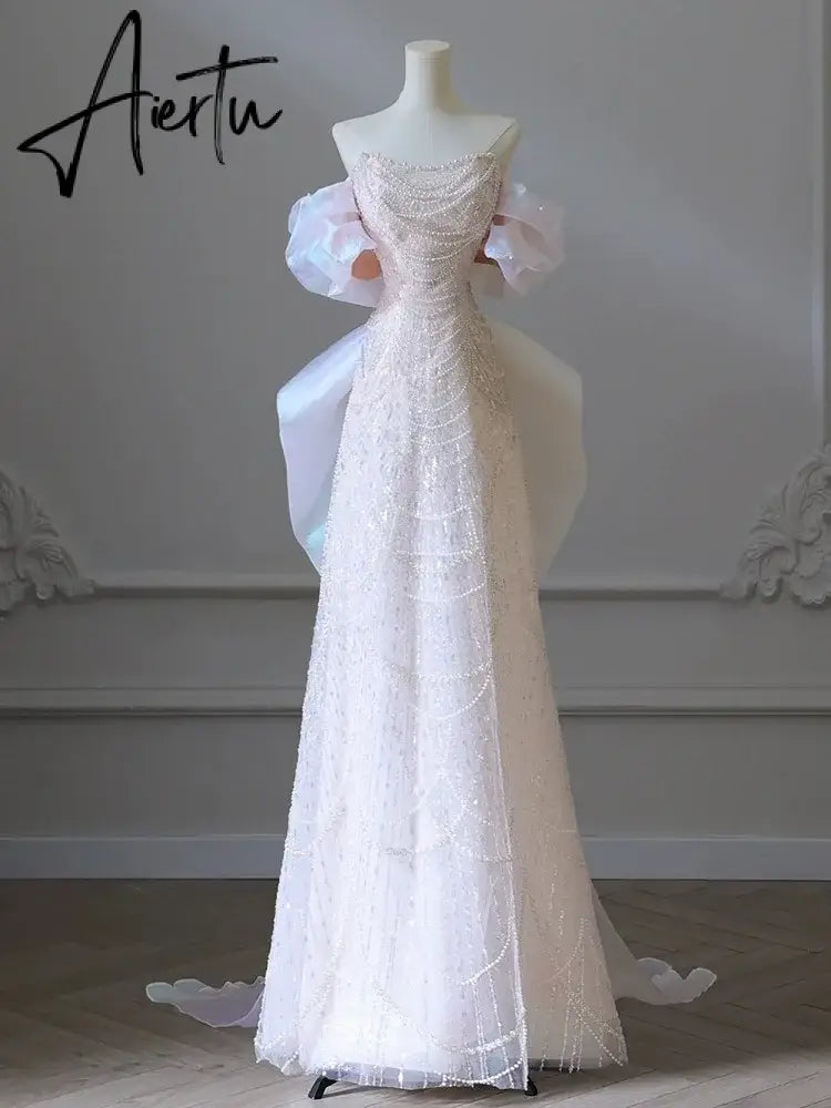 Aiertu White Luxury Senior Evening Dresses Bow Strapless Beading Off The Shoulder Shiny Sequin Cockital Host Party Evening Prom Gown Aiertu