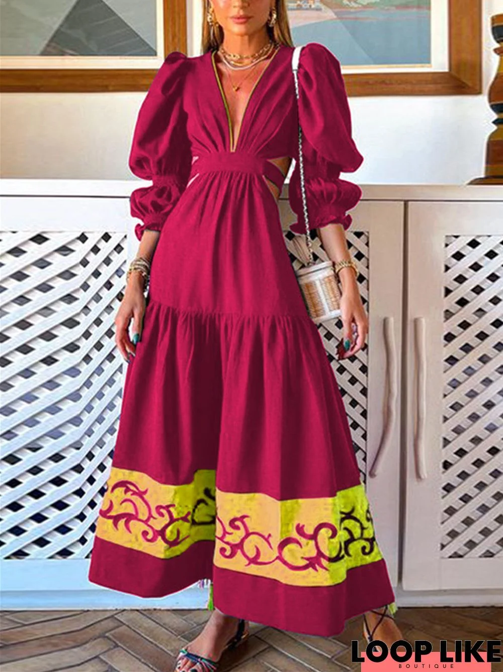 Fashion Style V-Neck Big Hem Dress