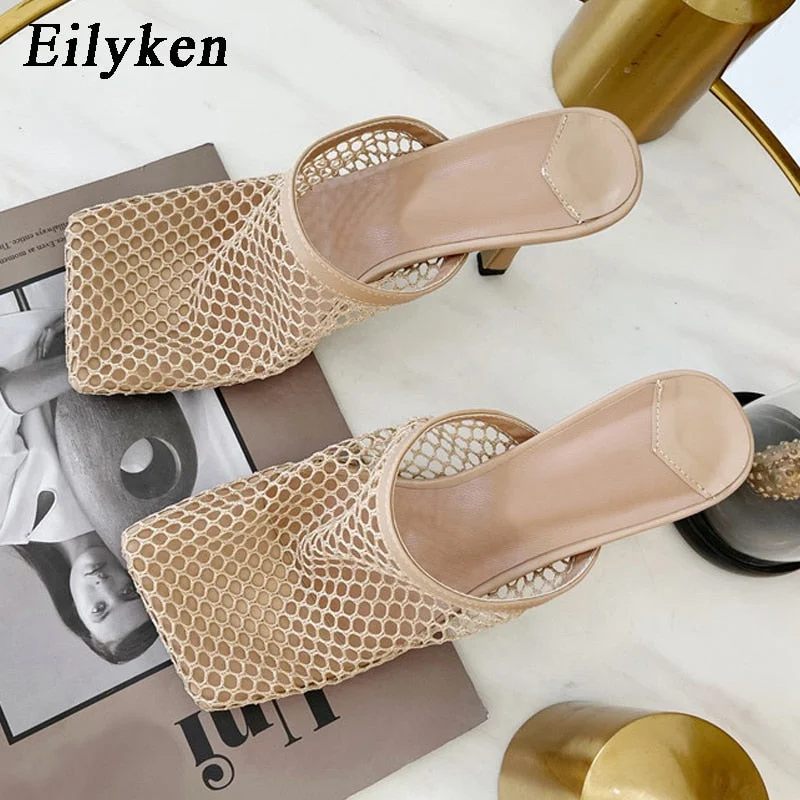 Eilyken 2022 New Hollow Breathable Mesh Woman Thin High Heels Slippers Summer Vintage Square Toe Mules Femme Shoes Pumps Sandals