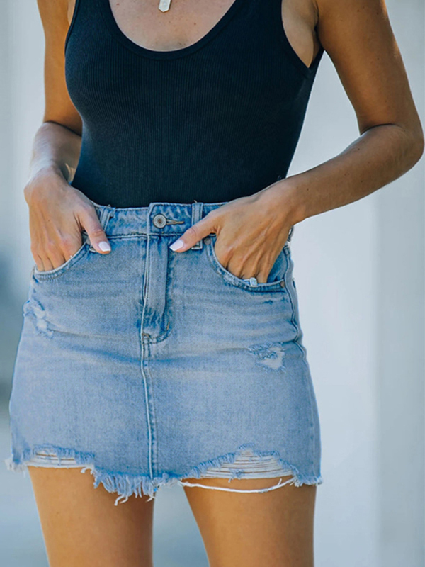 Mature Women Summer Fashion New Casual Ripped Denim Skirt