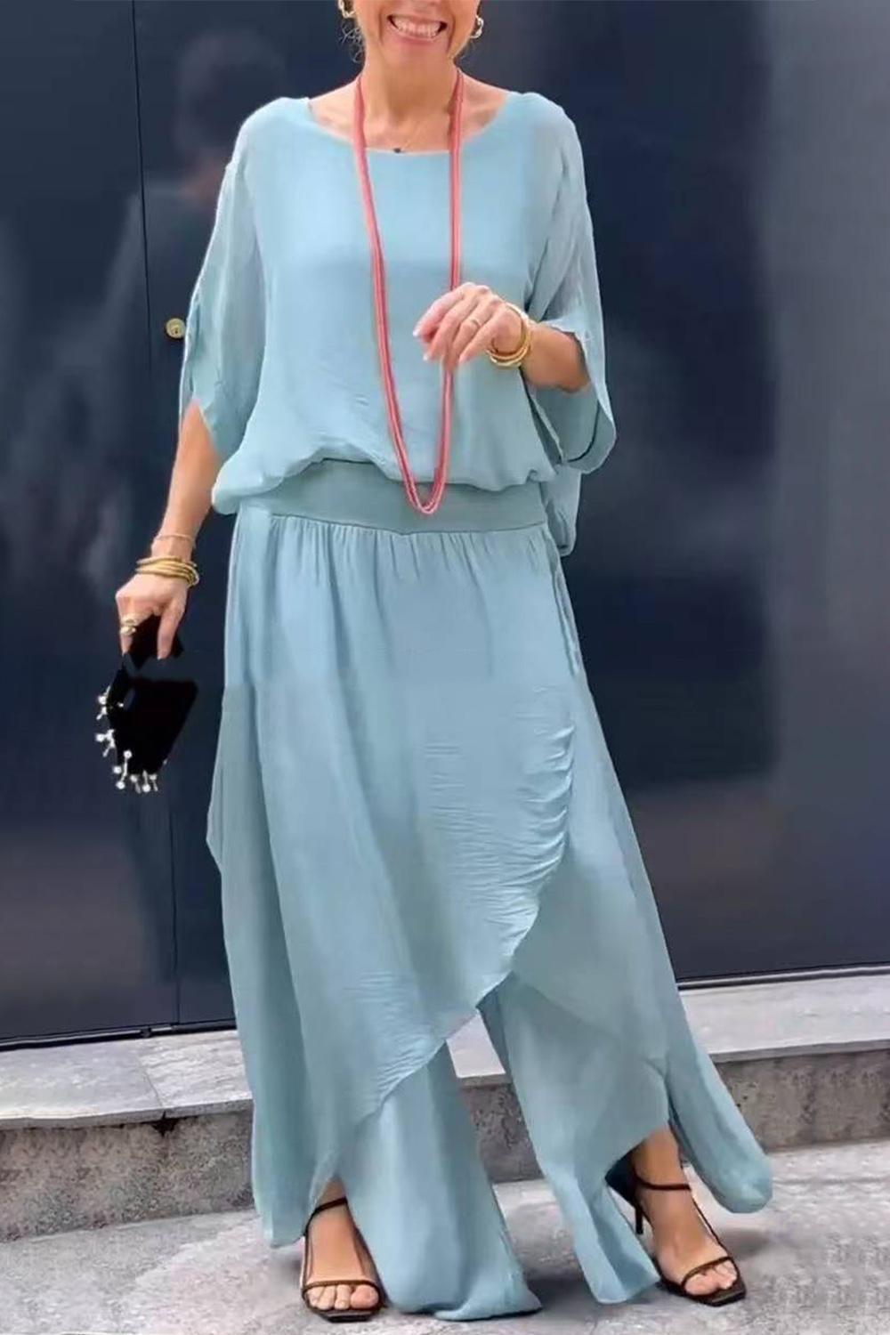 Plus Size Casual Light Blue Chiffon Batwing Sleeve Layered Wide Leg Two Piece Pant Suit 2024 - Flycurvy 