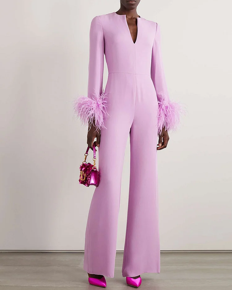  Feather-trimmed silk-cady jumpsuit 