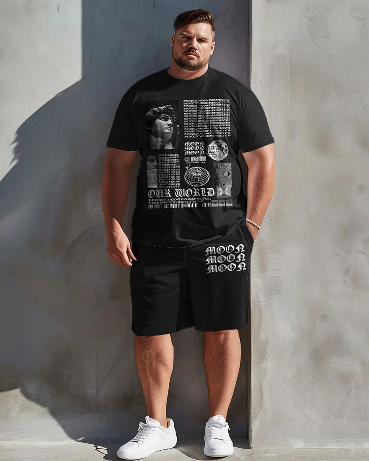 Men's Plus Size Casual Vintage Art David Like Moon Letter Print T-Shirt Shorts Suit