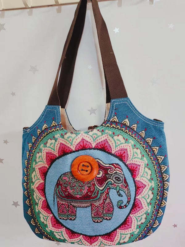 Women’s Large Canvas Elephant Ethnic Style Square Zipper Shoulder Bag