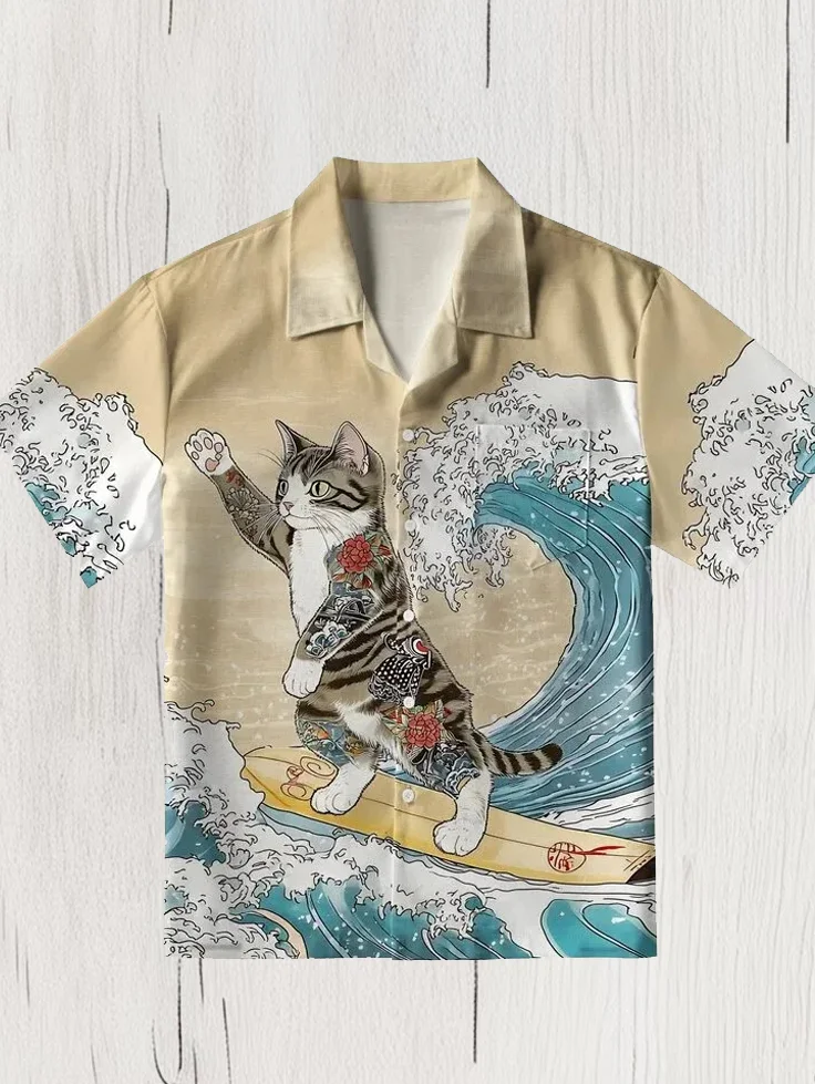 Men's Japanese Art Sea Waves Cat Print Short Sleeve Shirt