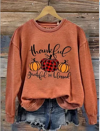 Women's Thanksgiving Day Thankful Grateful And Blessed Graphic Casual Pumpkin Print Sweatshirt