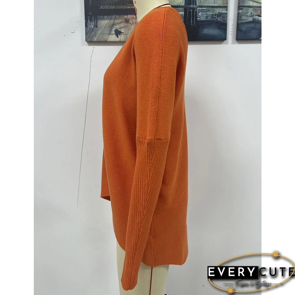Orange V-neckline High Low Knit Sweater
