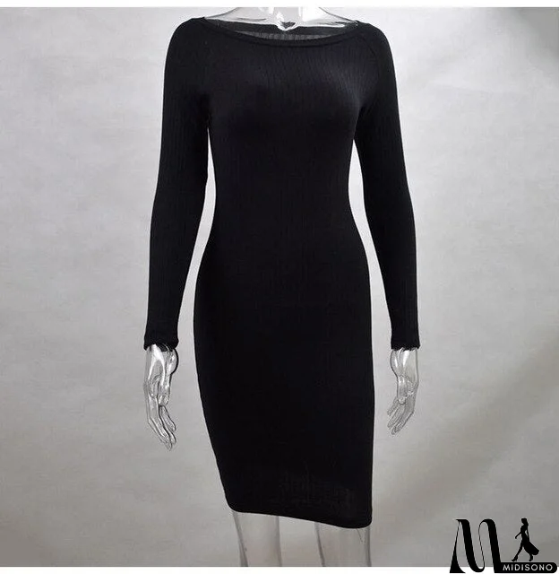 MidiSono - Women Bodycon Dress Knitted Cotton Autumn Pure Party Dresses Long Sleeve Thin Black Casual Elasticity