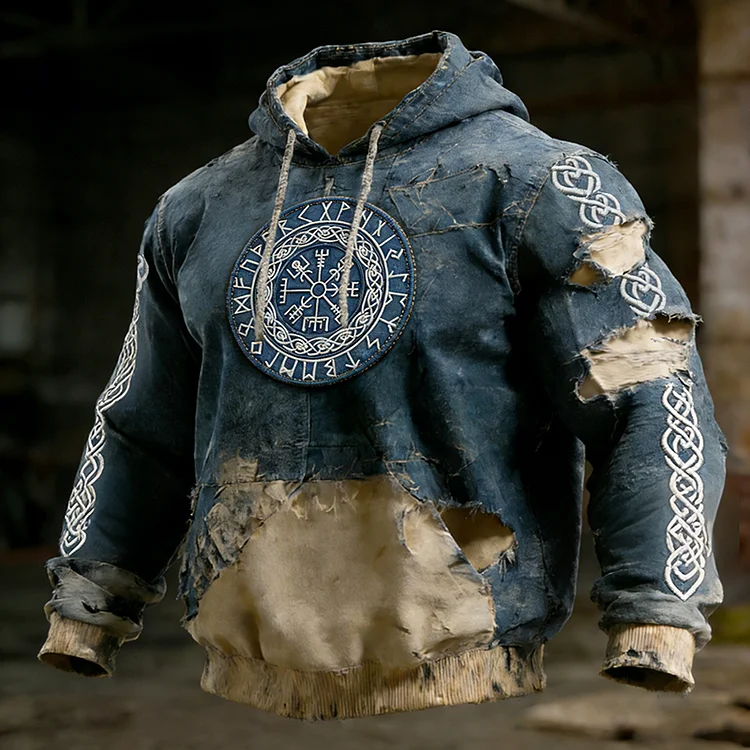 Vintage Viking Vegvisir Celtic Knot Color Block Design Denim Art Hoodie