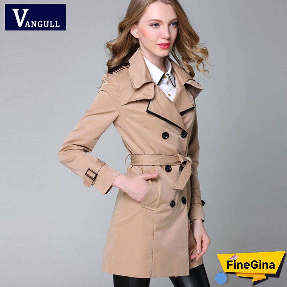 Vangull Brand Trench Coat for Women Turn-Down Collar Double Breasted Long Coats Plus Size