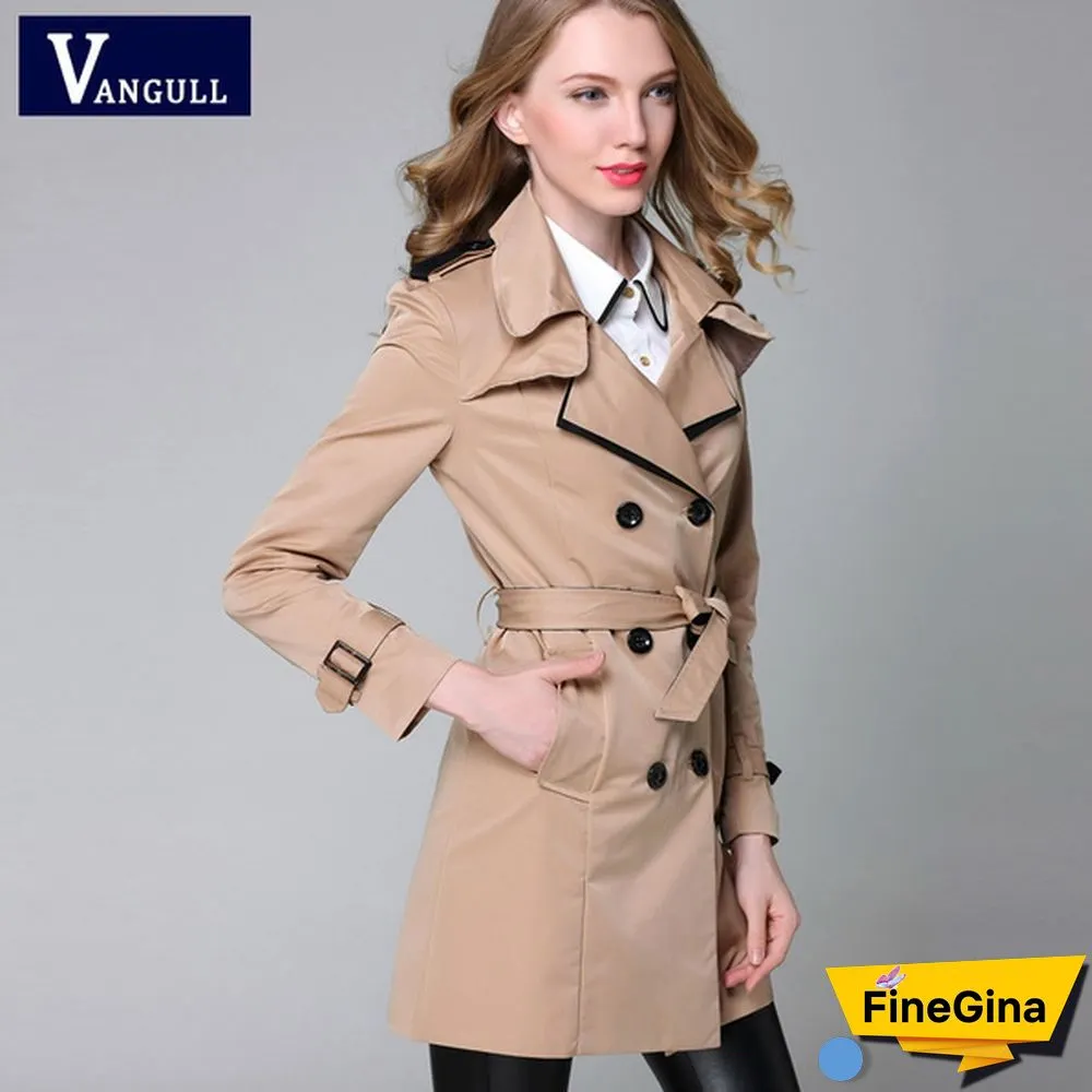 Vangull Brand Trench Coat for Women Turn-Down Collar Double Breasted Long Coats Plus Size