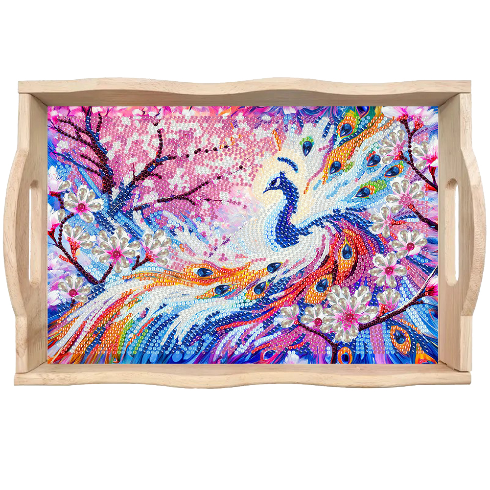 Wooden Peach Blossom Peacock 5D DIY Diamond Painting Tray Art Craft with Handle