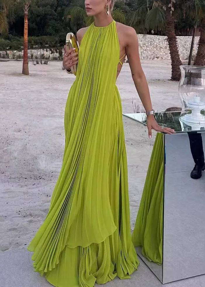 Fashion Green Backless Wrinkled Cotton Dress Sleeveless