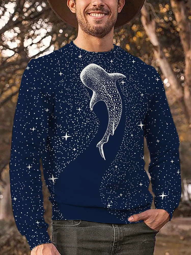 Men's Starry Whale Art Print Casual Round Neck Pullover Sweatshirt