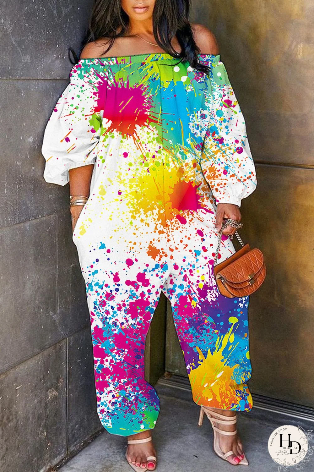 Rose Purple Casual Print Patchwork Off the Shoulder Regular Jumpsuits