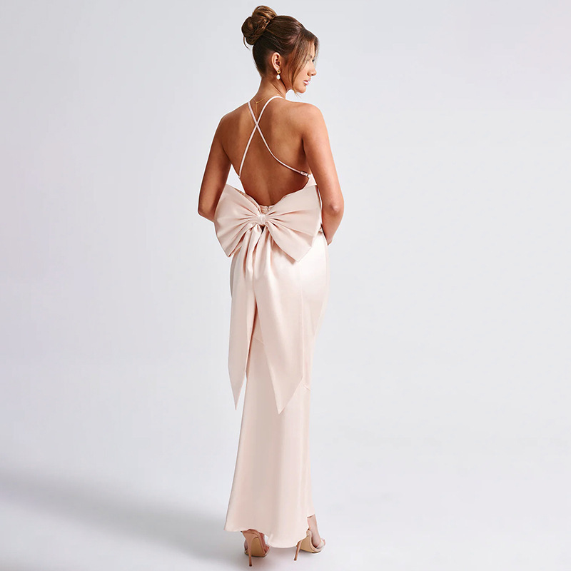 Ootddress Bow Backless Sexy Maxi Dress For Women Satin Spaghetti Strap V Neck Sleeveless Sexy Club Party Long Dress Elegant