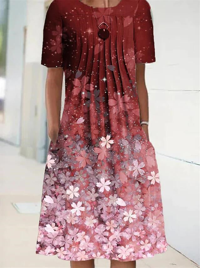 Women Short Sleeve Scoop Neck Floral Printed Polka Dot Midi Dress