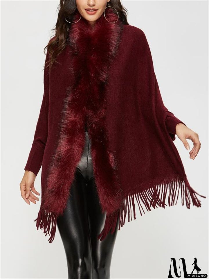 MidiSono - Elegant Lady Fur Collar Tassel Design Batwing Sleeve Cardigan Shawl Sweaters