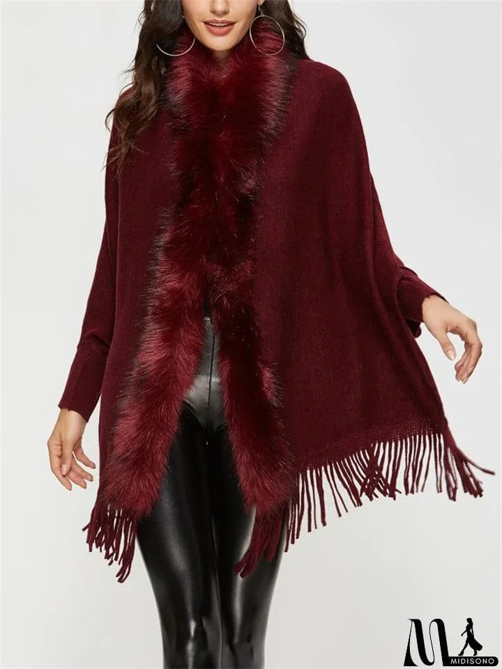 MidiSono - Elegant Lady Fur Collar Tassel Design Batwing Sleeve Cardigan Shawl Sweaters