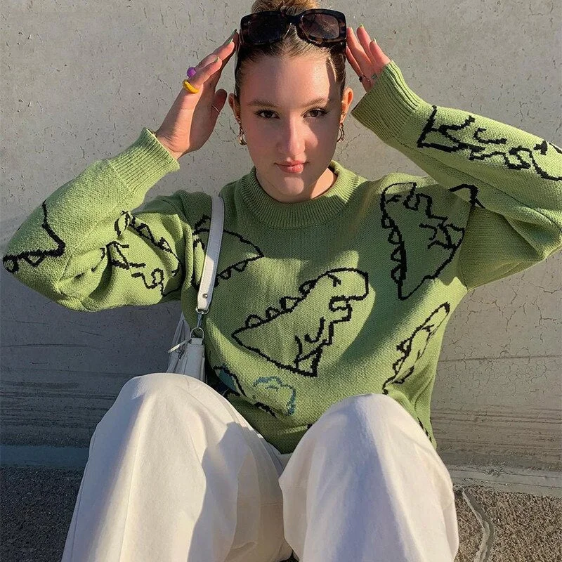Oversize Green Sweater Women Fashion Y2K Dinosaur Printed Top Harajuku 90s Knit Sweater Loose Casual Pullover Winter Jumper