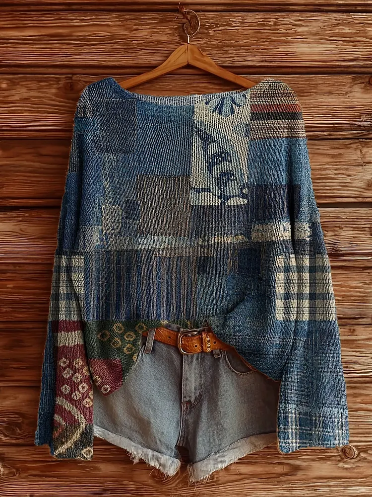 Women's Ethnic Floral Embellished Patchwork Pattern Art Print Casual Pullover Sweater