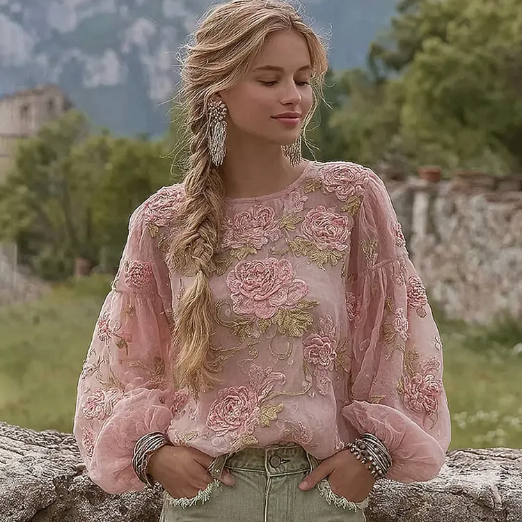 Elegant Bohemian-style Pink Rose Embroidered Comfortable Casual Linen Waist-cinching Top