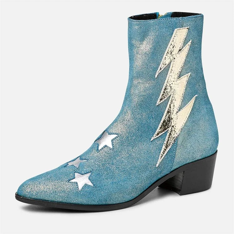 Teal Sparkling Lightning Bolt and Stars Women's Heeled Ankle Boots |FSJ Shoes