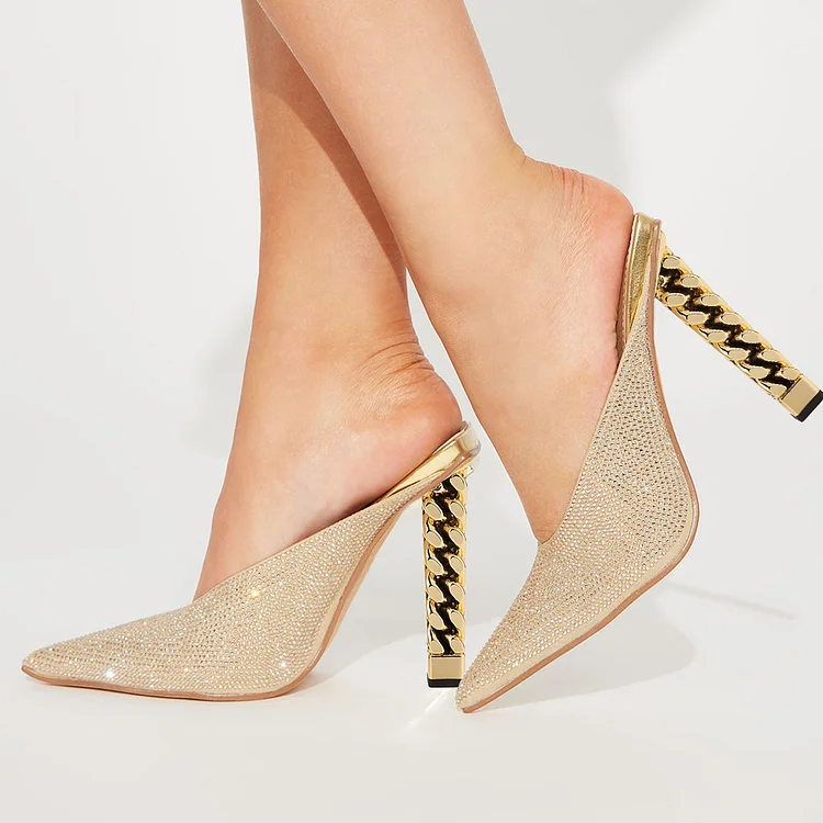 Gold Rhinestone Pointed Toe Mules Shoes with Decorative Heels |FSJ Shoes