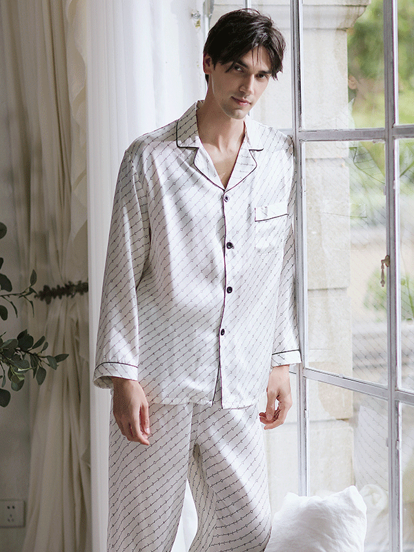 25 MOMME Pyjama en soie classique pleine longueur à rayures homme Blanc  3