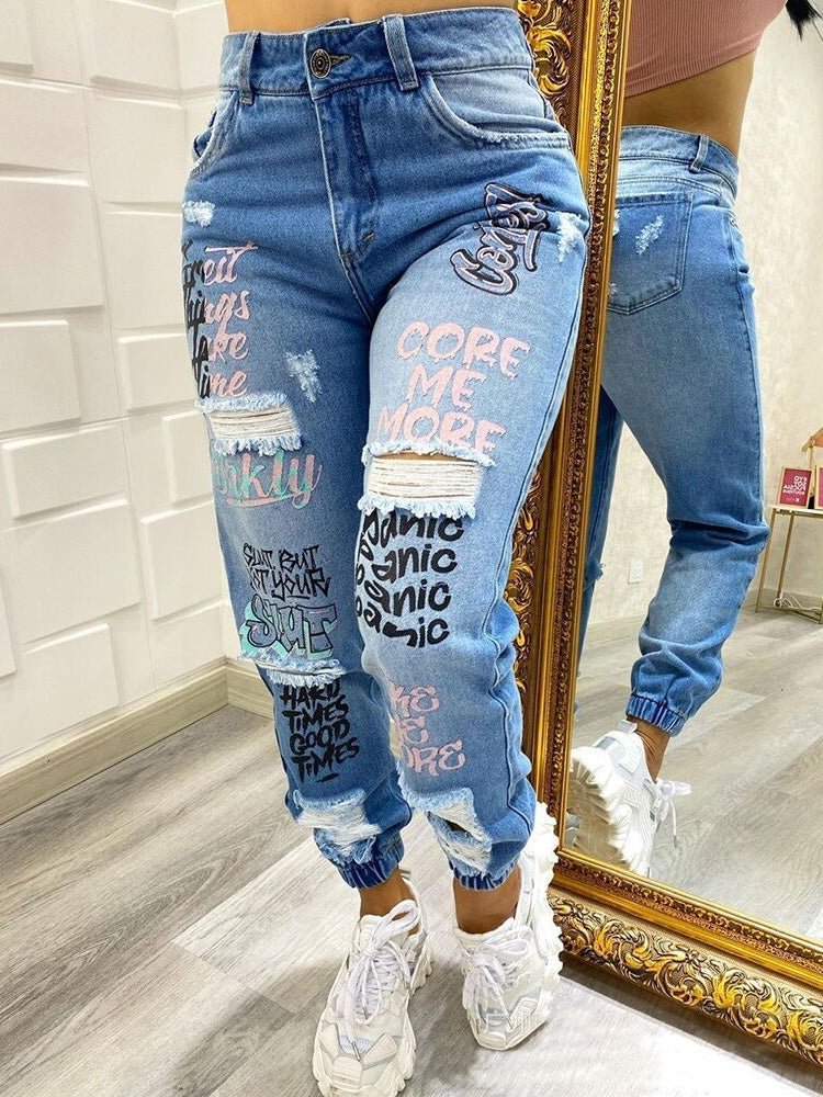 Women's Jeans Casual Alphabet Print Shredded Bungee Jeans