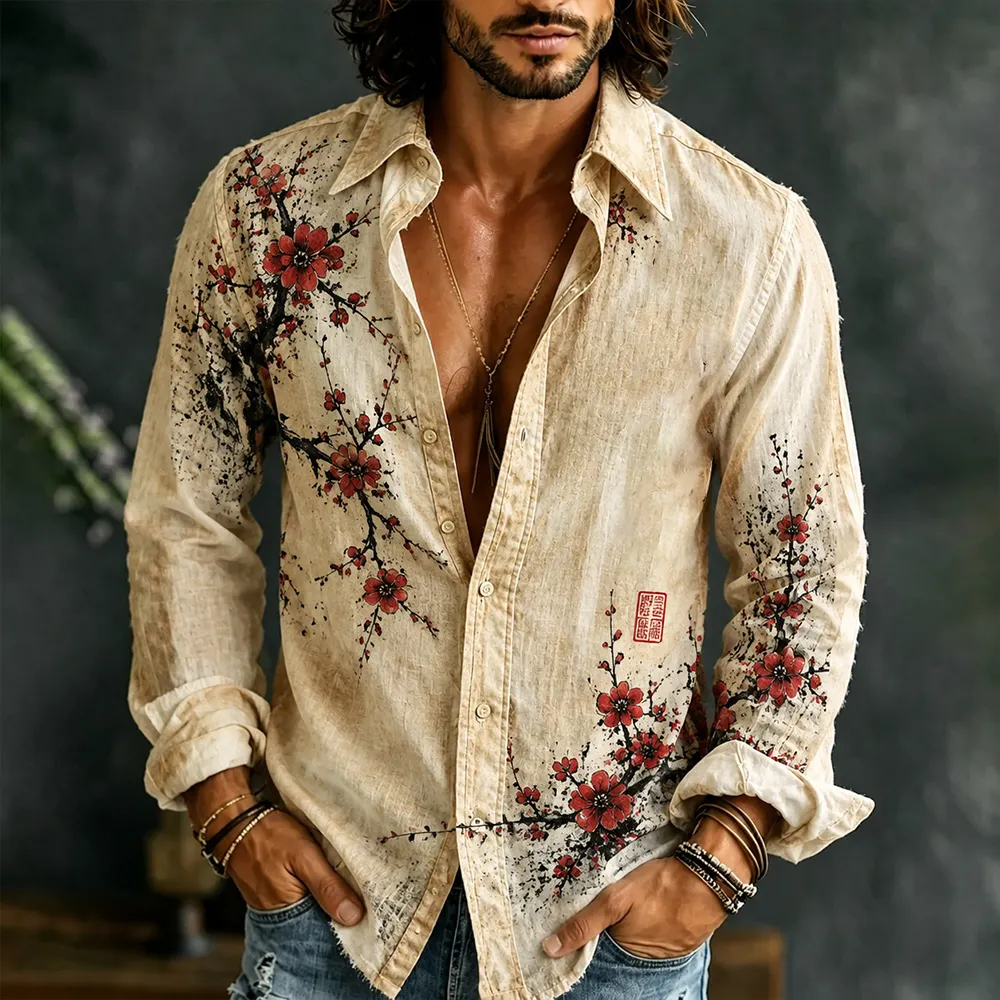 Men's Japanese Style Plum Blossom Art Long-sleeved Shirt artswardrobe