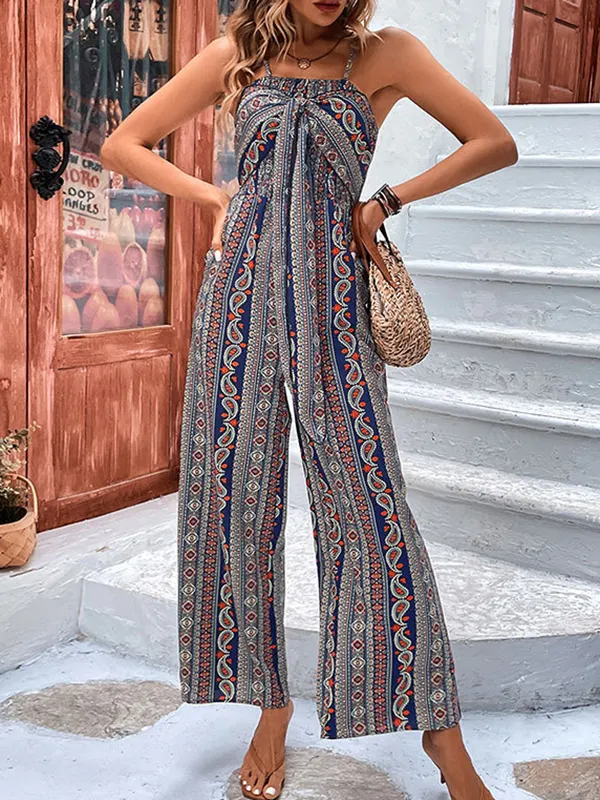 Bow-Embellished Pockets Printed Sleeveless Wide Leg Spaghetti-Neck Jumpsuits