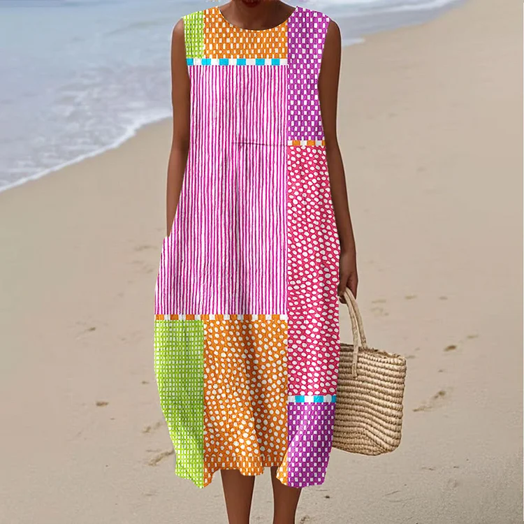 Women's Vintage Abstract Geometric Lines Art Print Sleeveless Cotton Pocket Wrap Dress