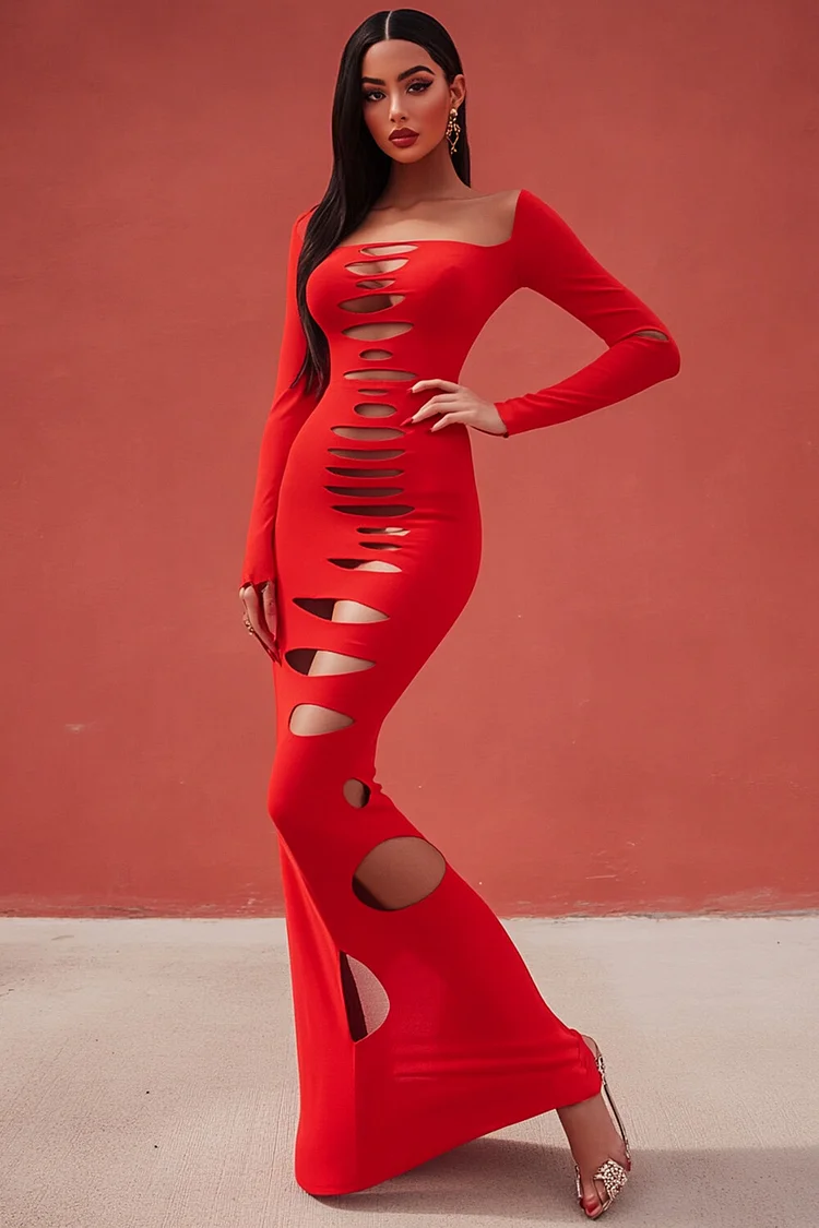 Burn-Out Square Neck Long Sleeve Maxi Dress-Red [Pre-Order]