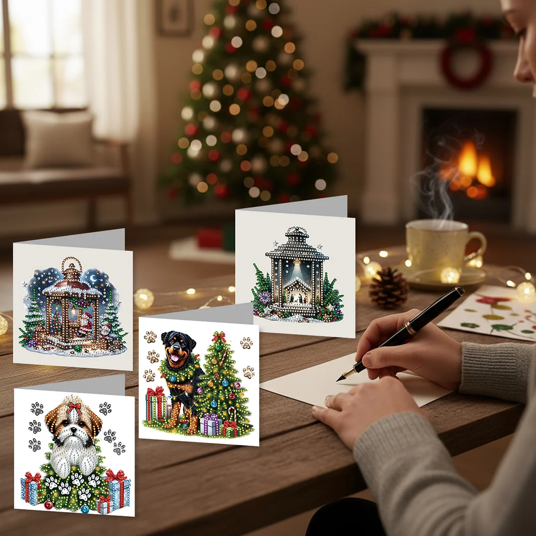 12Pcs Xmas Dog DIY Diamond Painting Greeting Cards for Adult Holiday Gifts