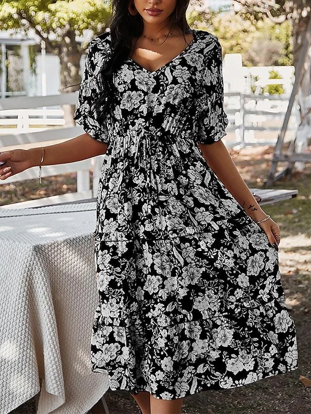 Women's Swing Dress Knee Length Dress Black Blushing Pink Orange Green Navy Blue Short Sleeve Floral Print Spring Summer V Neck Casual 2021 S M L XL