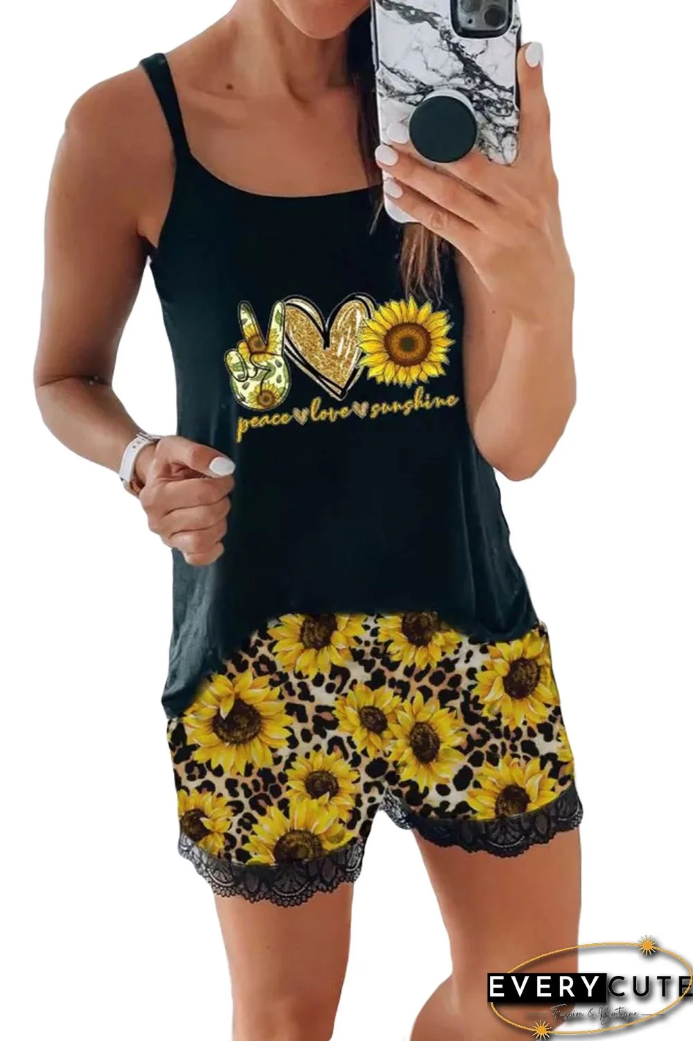 Leopard Sunflower Lace Cami Loungewear Set