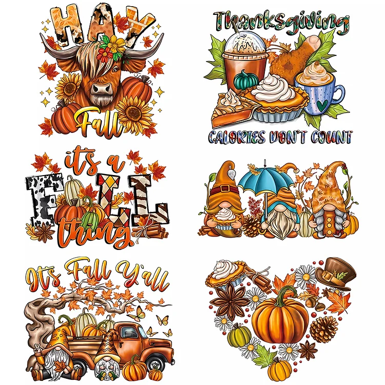 6 Sheet Autumn Iron on Patches Gnome Pumpkin Heat Transfer Vinyl Patch Stickers