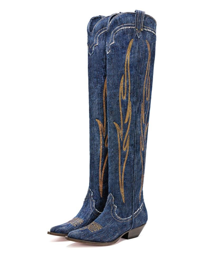 Dark Denim Blue Embroidered Chunky Heel Zipper Western Over-The-Knee Boots