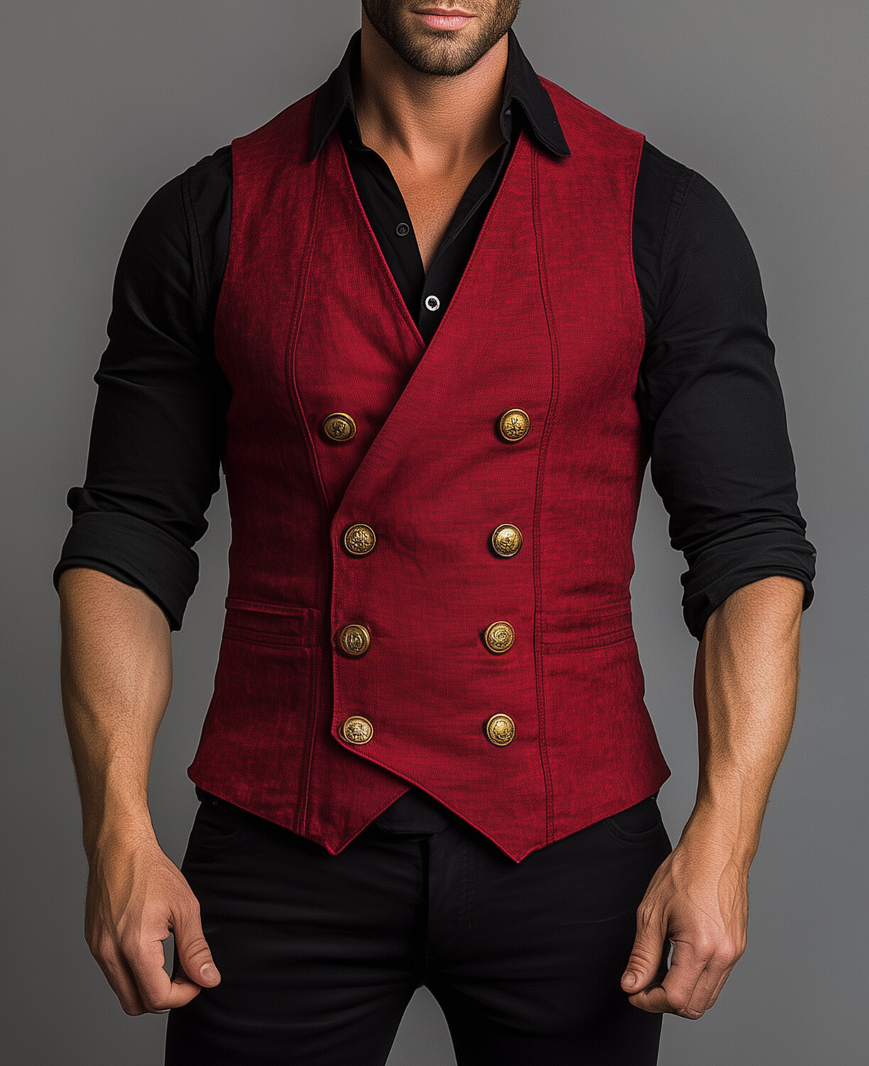 Okaywear Linen V Neck Double Breasted Solid Vest