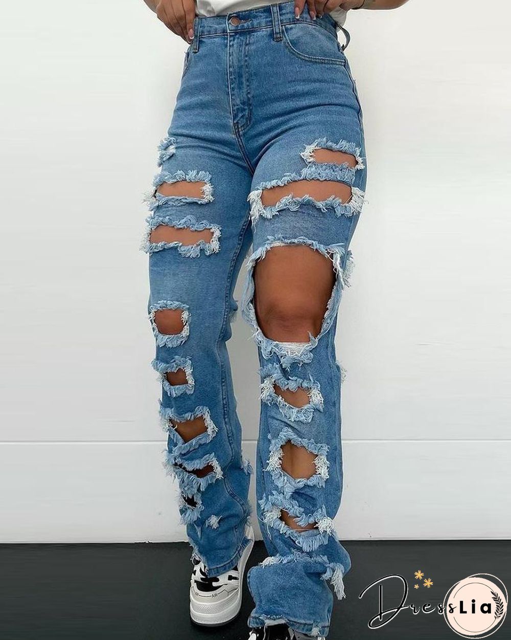 Ripped Cutout Fringe Hem Denim Pants