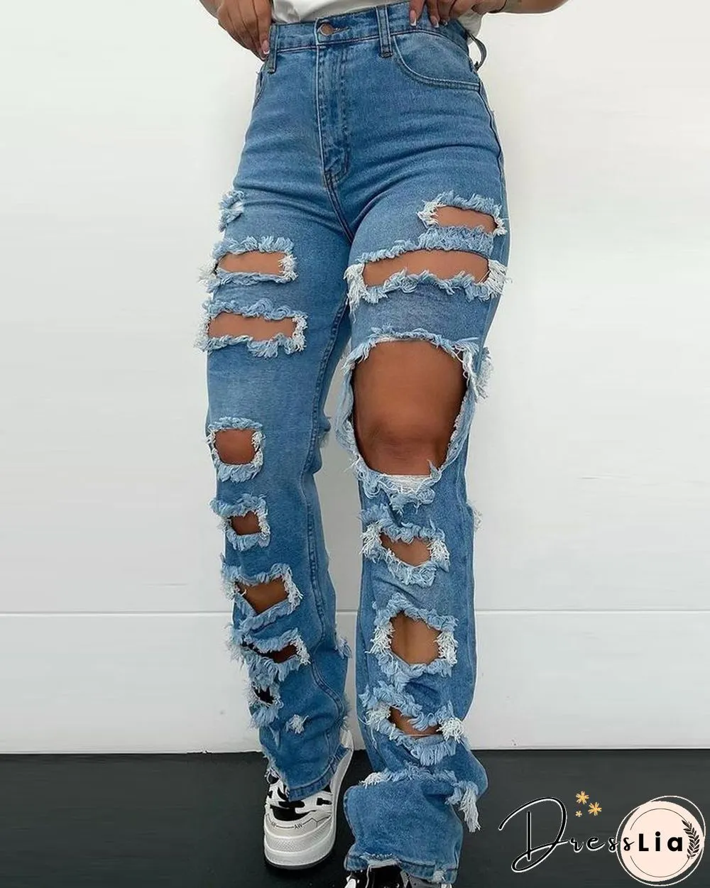 Ripped Cutout Fringe Hem Denim Pants
