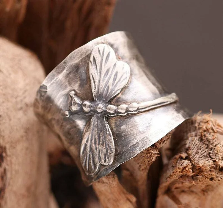 925 Vintage Dragonfly Wide Band Silver Ring