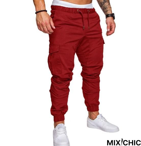 Men Casual Joggers Solid Color Pants Cotton Elastic Long Trousers