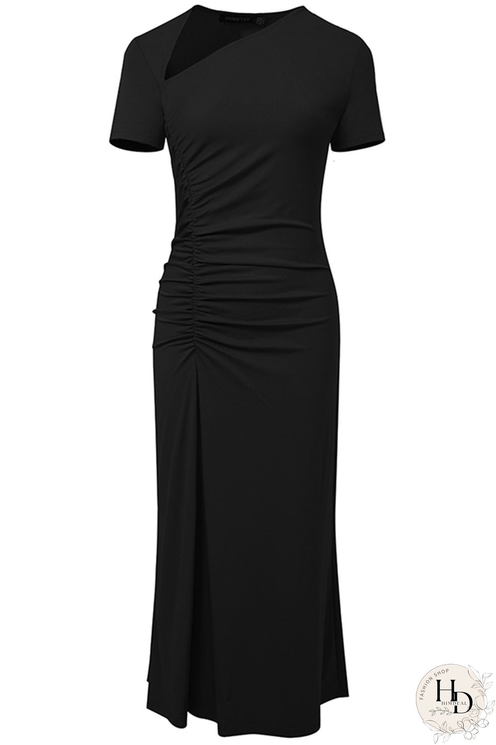 Asymmetrical Neck Short Sleeve Midi Dress