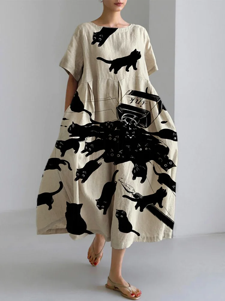 Japanese Art Cat Print Cotton Blend Dress
