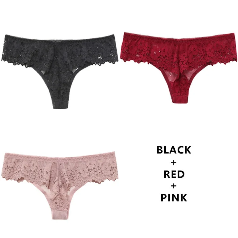 Meet'r 3Pcs/Lot Women Sexy Lace Lingerie Temptation Low-Waist Panties Embroidery Underwear Female Thong Transparent G String